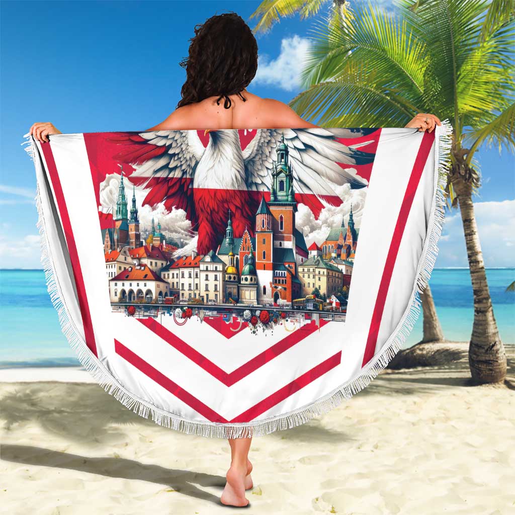 Red-and-white round beach blanket with fringe, eagle illustration and "Your Text" held up.