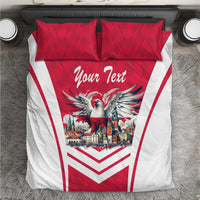 Red and white personalized bedding set with eagle graphic, chevron stripes, and “Your Text”