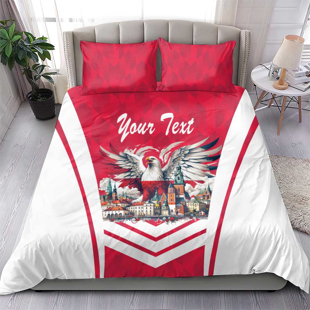 Red and white duvet cover with eagle and city scene, chevron stripes, plus two red pillows