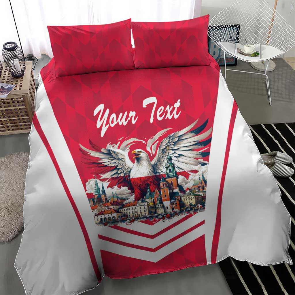 Red and white bedding set featuring eagle graphic, city illustration, and chevron stripe design