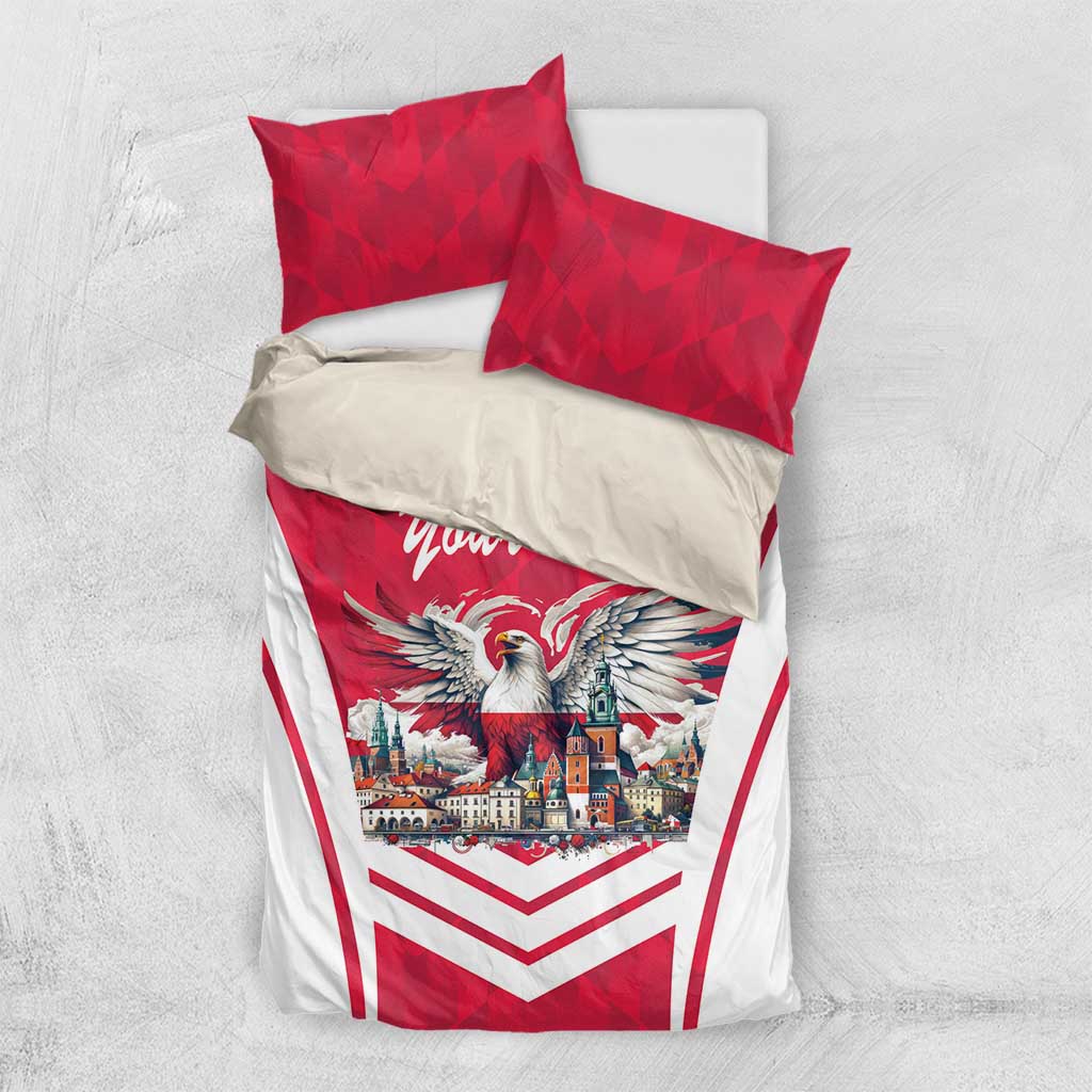 Personalized red and white bedding set with eagle artwork, city illustration, and chevron stripes