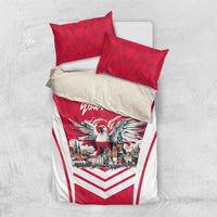 Personalized red and white bedding set with eagle artwork, city illustration, and chevron stripes