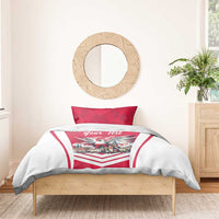 Red and white duvet cover with eagle and city scene, chevron stripes, and “Your Text”