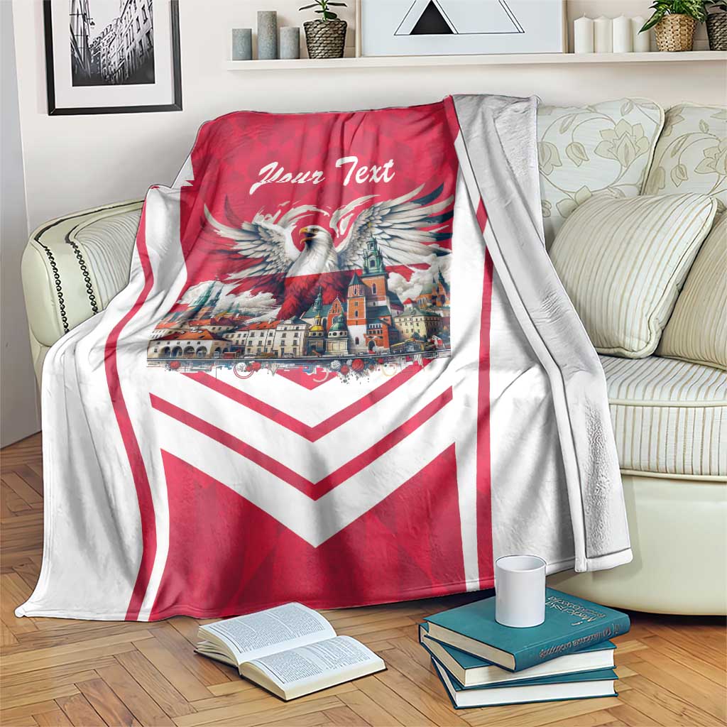 Personalized eagle throw blanket with red-and-white stripes and city scene, “Your Text”