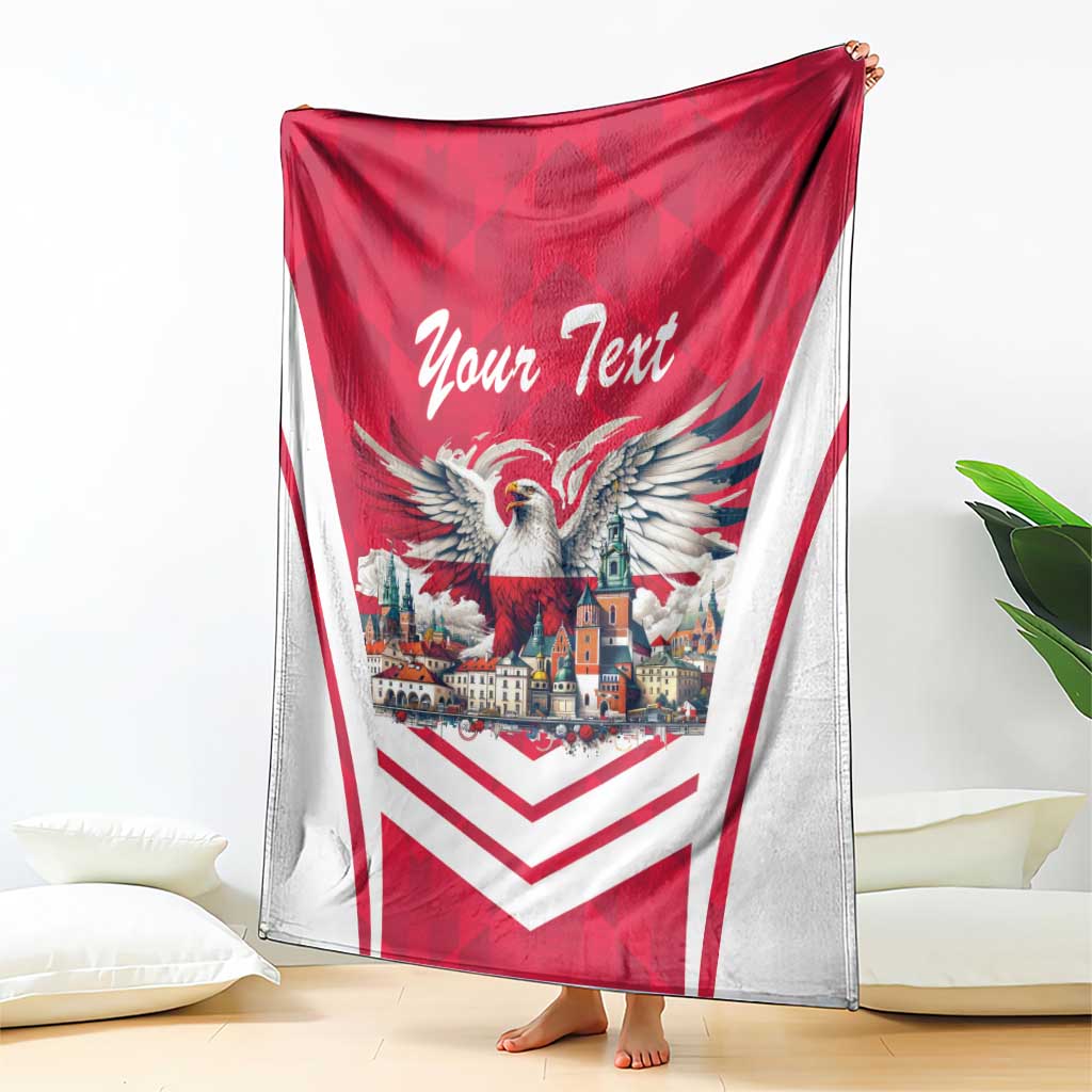 Personalized eagle blanket draped with red-and-white chevrons, city scene and “Your Text”