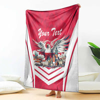 Personalized eagle blanket draped with red-and-white chevrons, city scene and “Your Text”