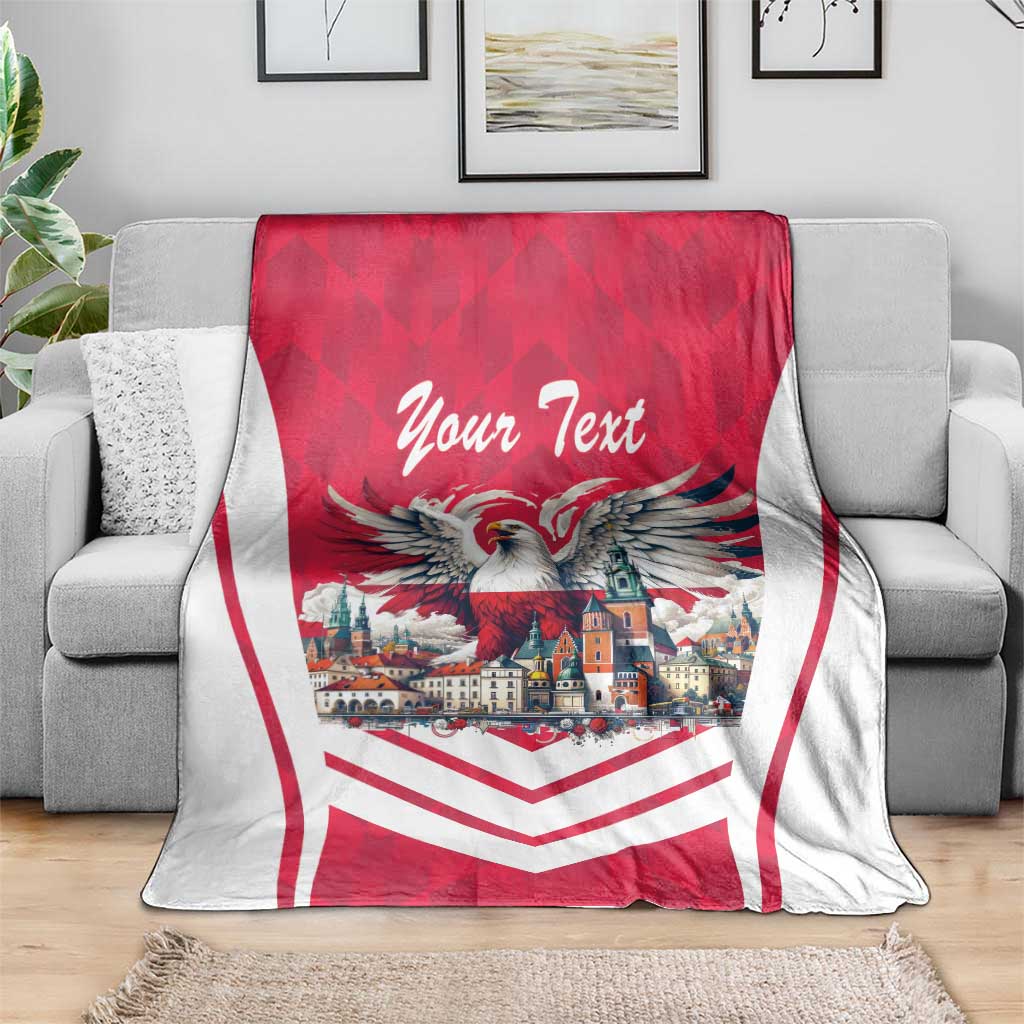 Personalized eagle throw blanket on sofa in red with white chevrons and “Your Text”
