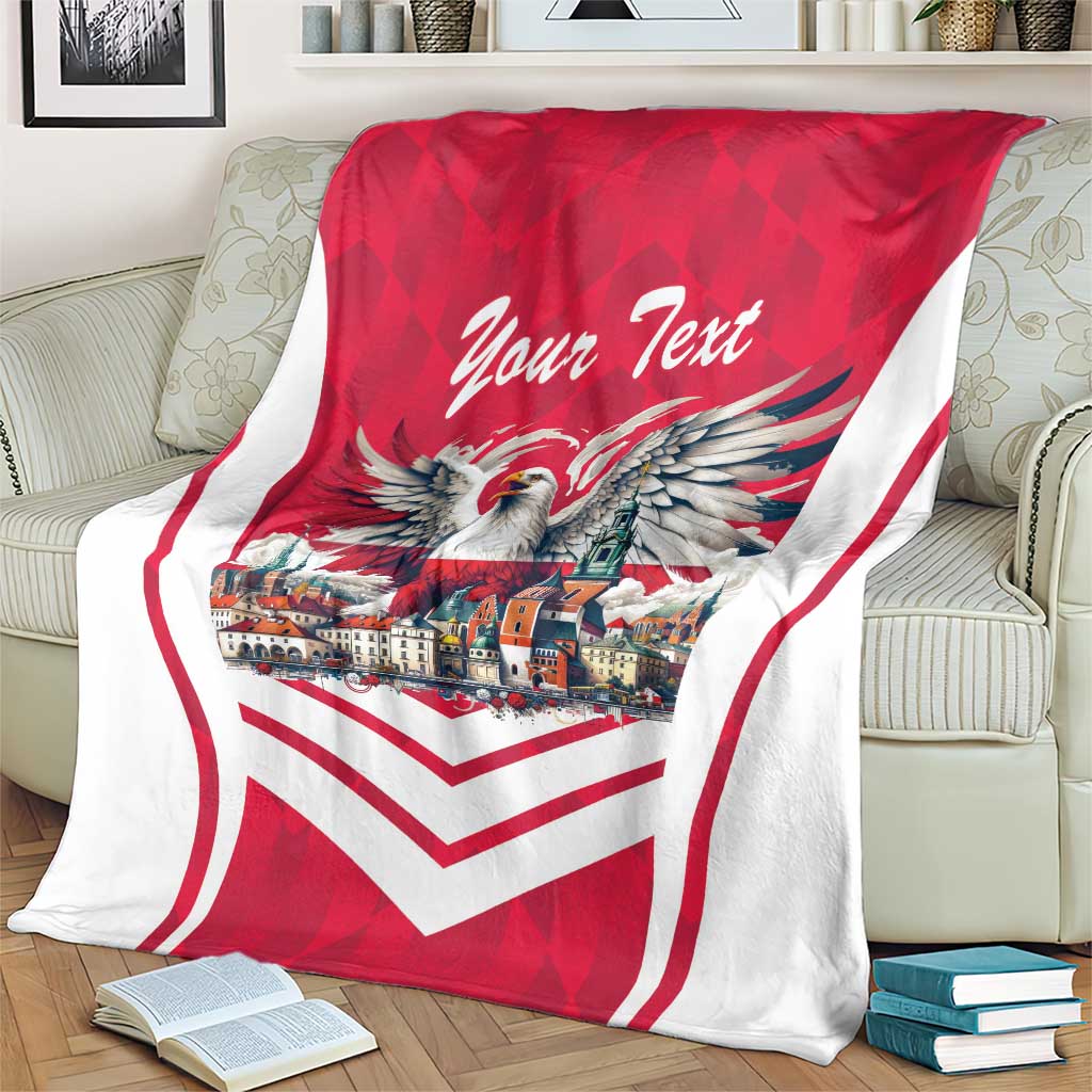 Personalized eagle blanket on couch with red top, white chevrons, city scene and “Your Text”