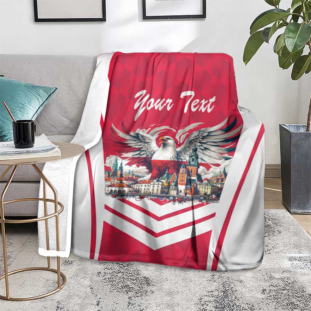 Personalized eagle throw blanket with red-and-white design, city scene and “Your Text”