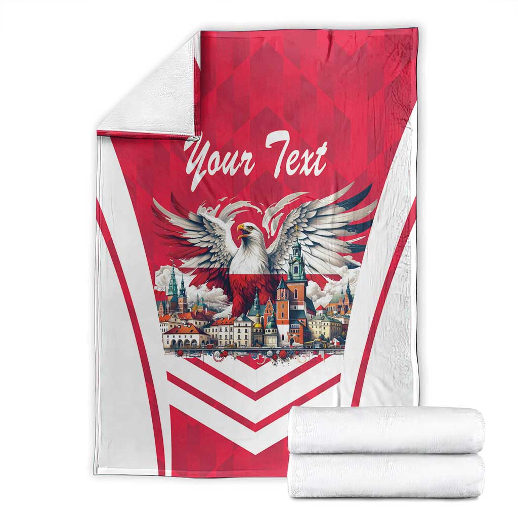 Personalized eagle blanket set with folded white towels; red design with city scene and “Your Text”
