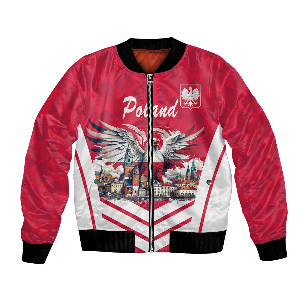Red bomber jacket with front zipper, Poland eagle and city skyline graphic, black rib trim