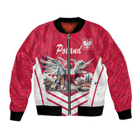 Red bomber jacket with front zipper, Poland eagle and city skyline graphic, black rib trim