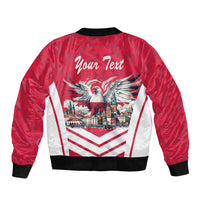 Red bomber jacket back with Your Text, eagle and city skyline graphic, black rib hem