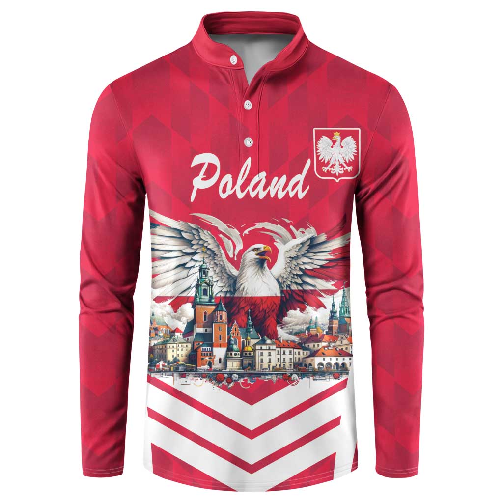 Red button-sweatshirt with Poland text, white-tailed eagle, cityscape and crest