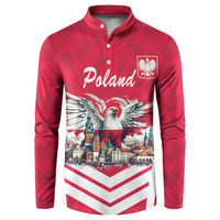 Red button-sweatshirt with Poland text, white-tailed eagle, cityscape and crest