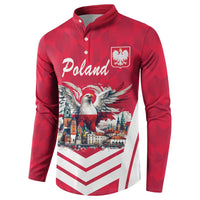 Red button-sweatshirt with Poland text, eagle graphic, cityscape panel and crest