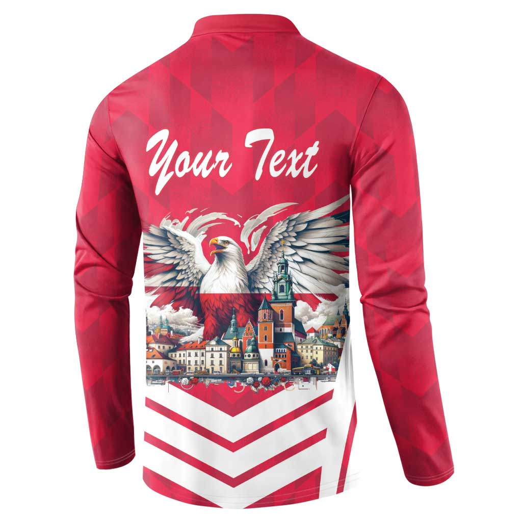 Red button-sweatshirt back print: Your Text, white-tailed eagle over city and chevrons