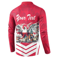 Red button-sweatshirt back print: Your Text, white-tailed eagle over city and chevrons