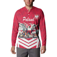 Red button sweatshirt with Poland front print, eagle over cityscape and chevron stripes