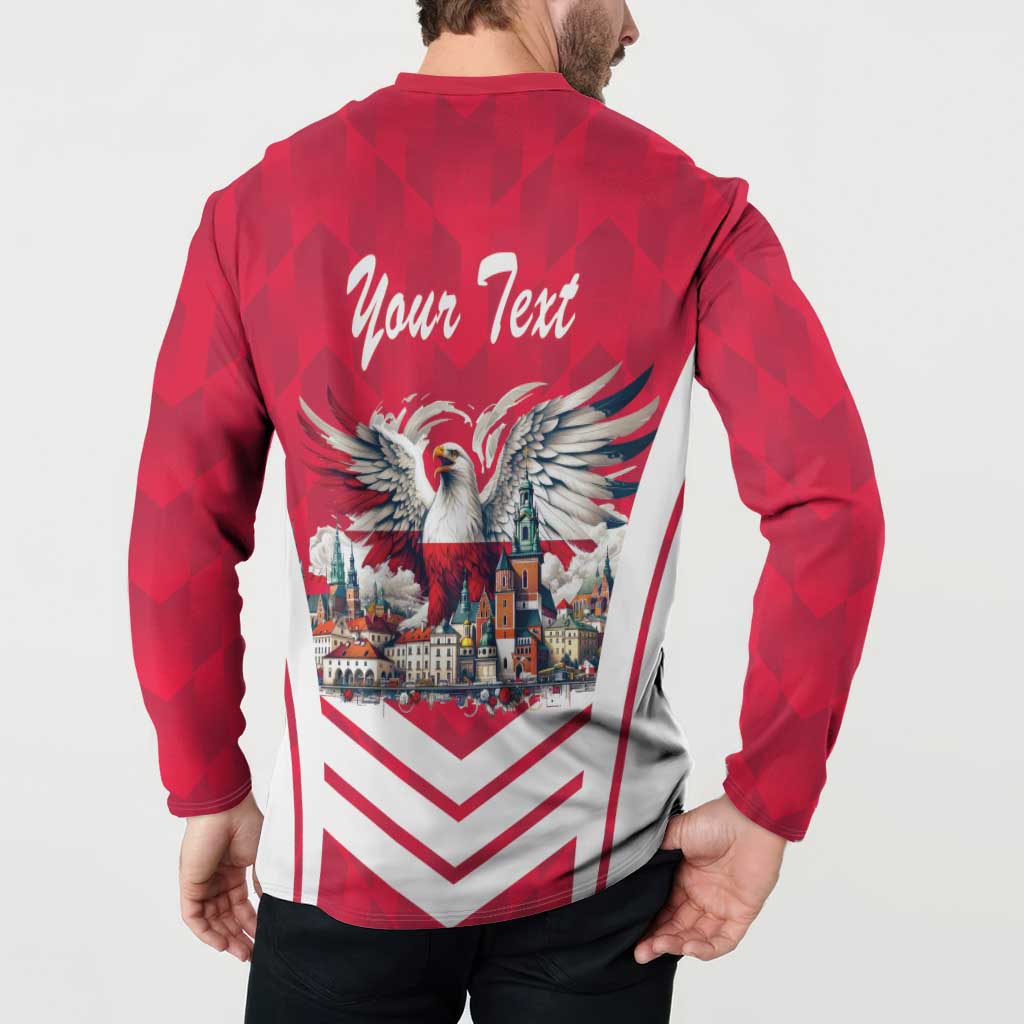 Red button-sweatshirt back print: Your Text, eagle over cityscape and striped chevrons