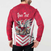 Red button-sweatshirt back print: Your Text, eagle over cityscape and striped chevrons