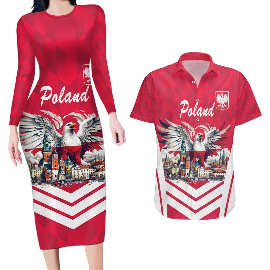 Personalized Poland White-Tailed Eagle Couples Matching Long Sleeve Bodycon Dress and Hawaiian Shirt Poznan City Flag Style - Wonder Print Shop