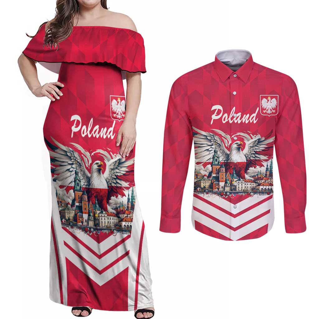 Personalized Poland White-Tailed Eagle Couples Matching Off Shoulder Maxi Dress and Long Sleeve Button Shirt Poznan City Flag Style - Wonder Print Shop