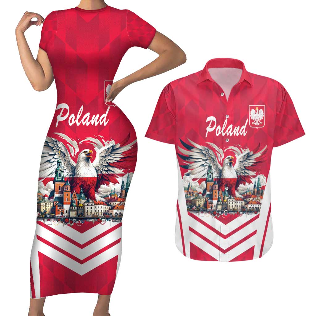 Personalized Poland White-Tailed Eagle Couples Matching Short Sleeve Bodycon Dress and Hawaiian Shirt Poznan City Flag Style - Wonder Print Shop