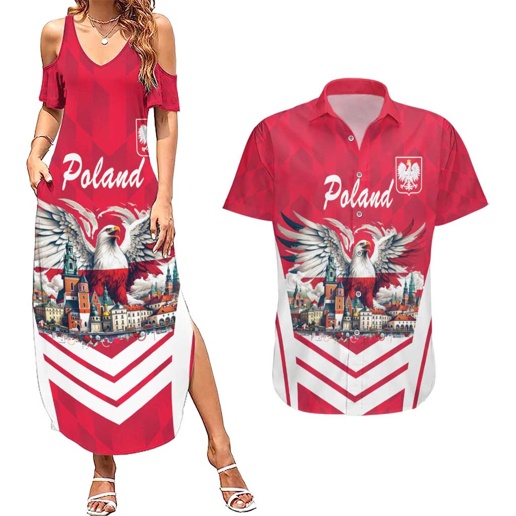 Personalized Poland White-Tailed Eagle Couples Matching Summer Maxi Dress and Hawaiian Shirt Poznan City Flag Style - Wonder Print Shop