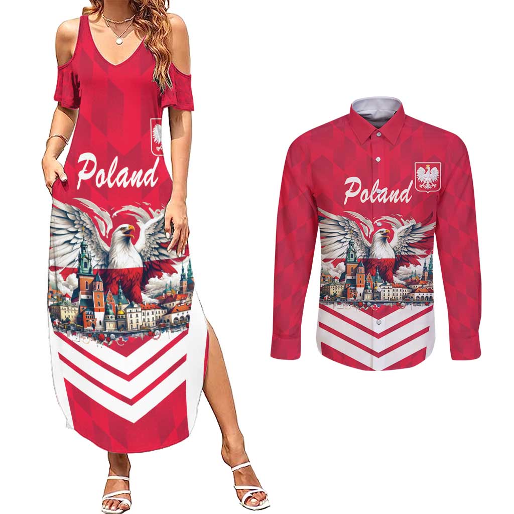 Personalized Poland White-Tailed Eagle Couples Matching Summer Maxi Dress and Long Sleeve Button Shirt Poznan City Flag Style - Wonder Print Shop