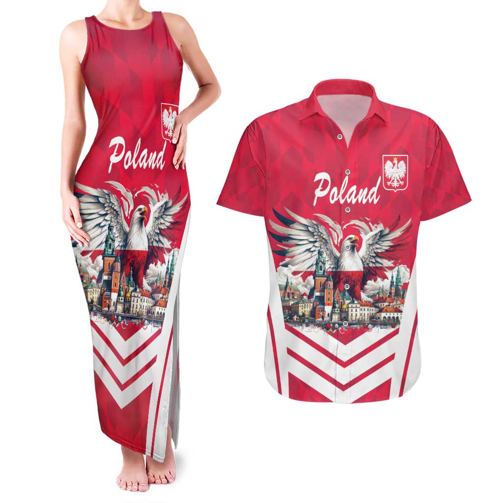 Personalized Poland White-Tailed Eagle Couples Matching Tank Maxi Dress and Hawaiian Shirt Poznan City Flag Style - Wonder Print Shop