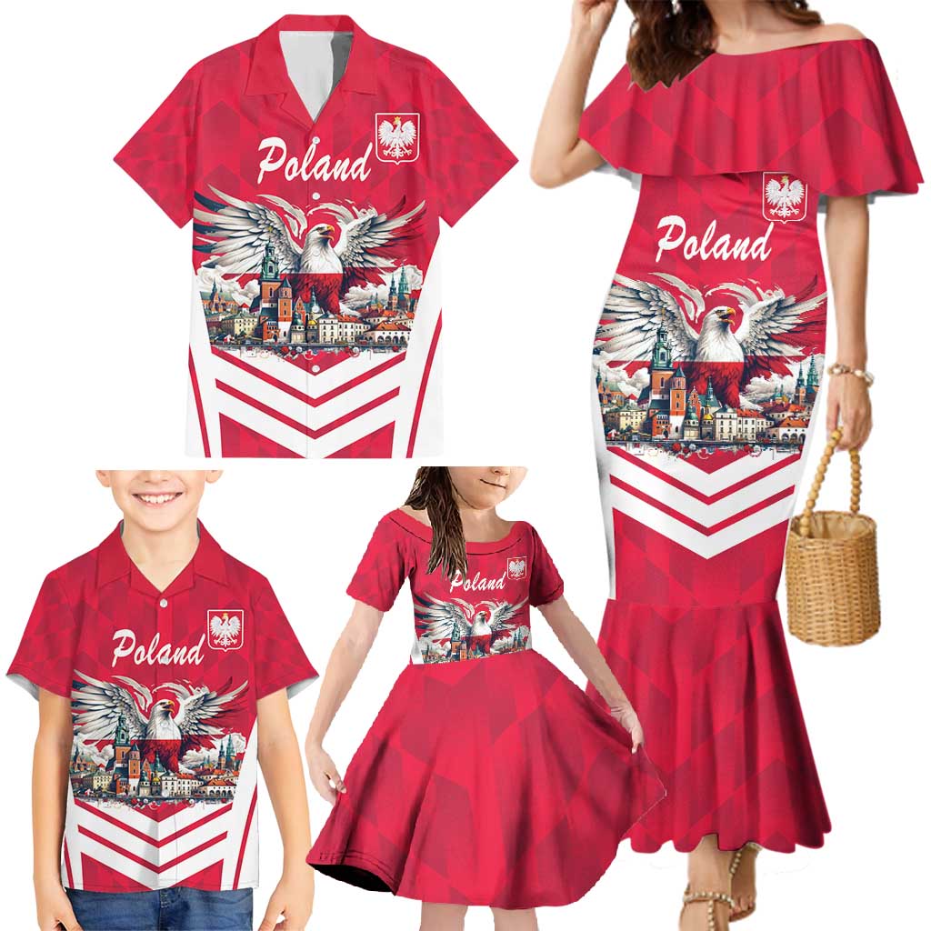 Personalized Poland White-Tailed Eagle Family Matching Mermaid Dress and Hawaiian Shirt Poznan City Flag Style - Wonder Print Shop