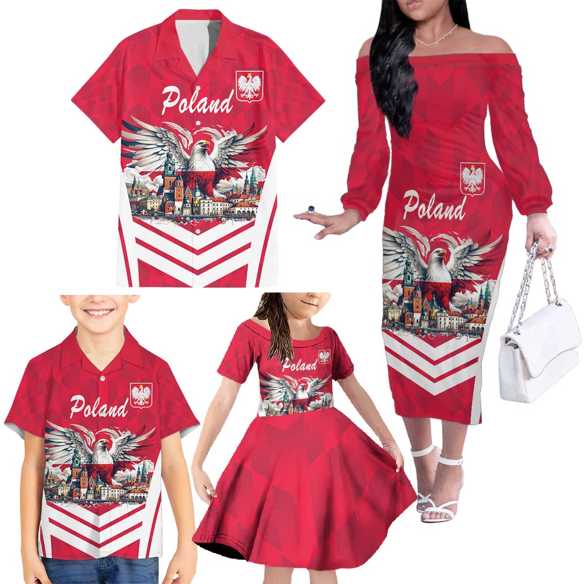 Personalized Poland White-Tailed Eagle Family Matching Off The Shoulder Long Sleeve Dress and Hawaiian Shirt Poznan City Flag Style - Wonder Print Shop