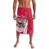 Red board shorts with eagle graphic and diagonal white chevrons