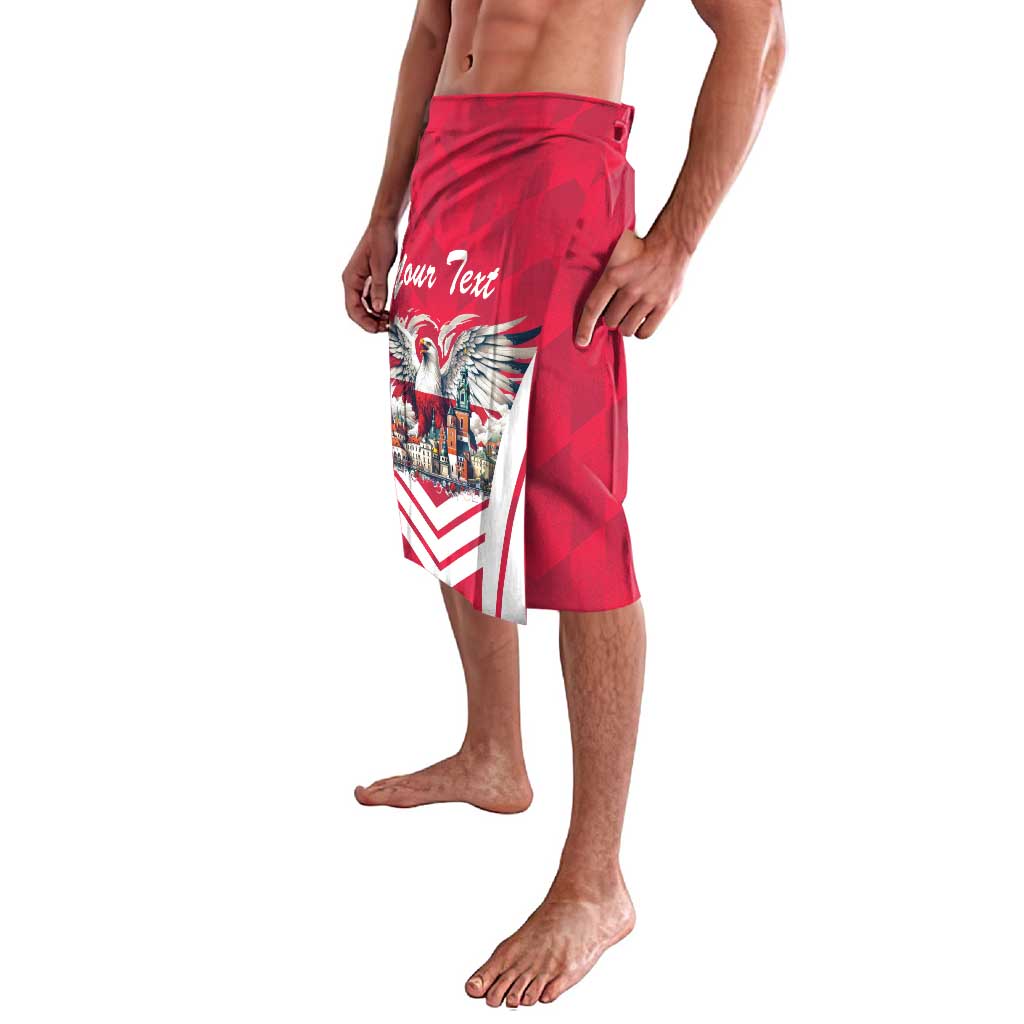 Red board shorts with eagle artwork and 'Your Text' on front panel