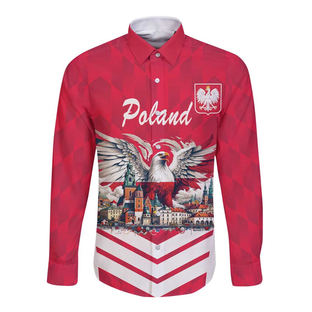 Personalized Poland White-Tailed Eagle Long Sleeve Button Shirt Poznan City Flag Style - Wonder Print Shop