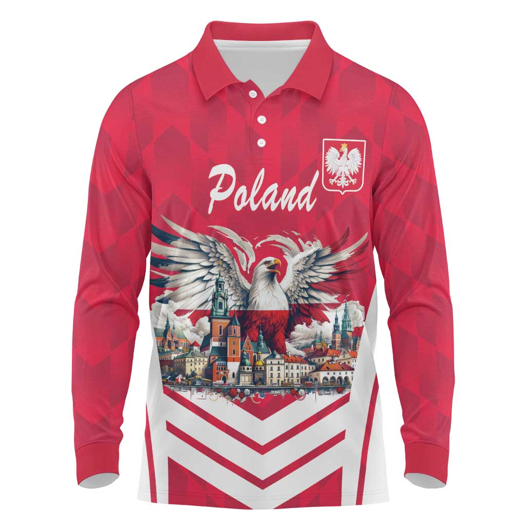 Personalized Poland White-Tailed Eagle Long Sleeve Polo Shirt Poznan City Flag Style - Wonder Print Shop