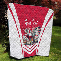 Red and white quilt with eagle graphic, “Your Text” lettering, and red stripe details