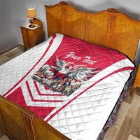 Red and white quilt with eagle crest, “Your Text” script, and quilted texture