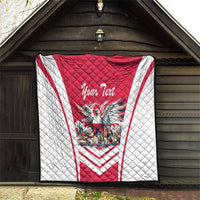 Red and white quilt with eagle emblem and “Your Text” lettering, hanging display