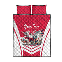 Red quilt bed set with two pillows, white eagle and cityscape over bold diagonal stripes