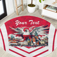 Red round carpet rug with eagle town scene and 'Your Text' in white