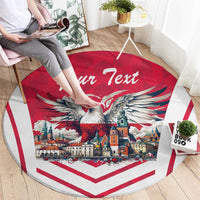 Round red carpet rug with eagle town print and 'Your Text', in a living room