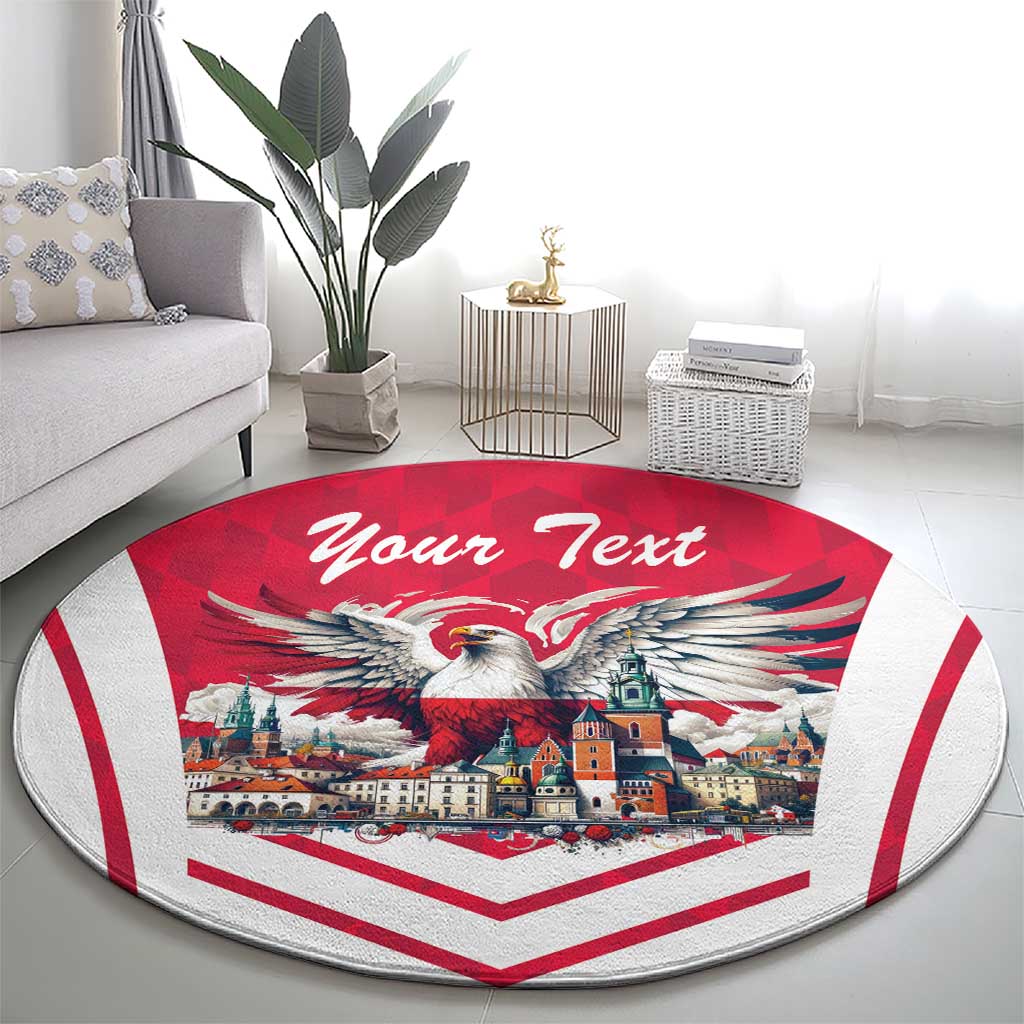 Red round carpet rug with white eagle wings over town, 'Your Text' centerpiece