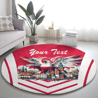 Red round carpet rug with white eagle wings over town, 'Your Text' centerpiece