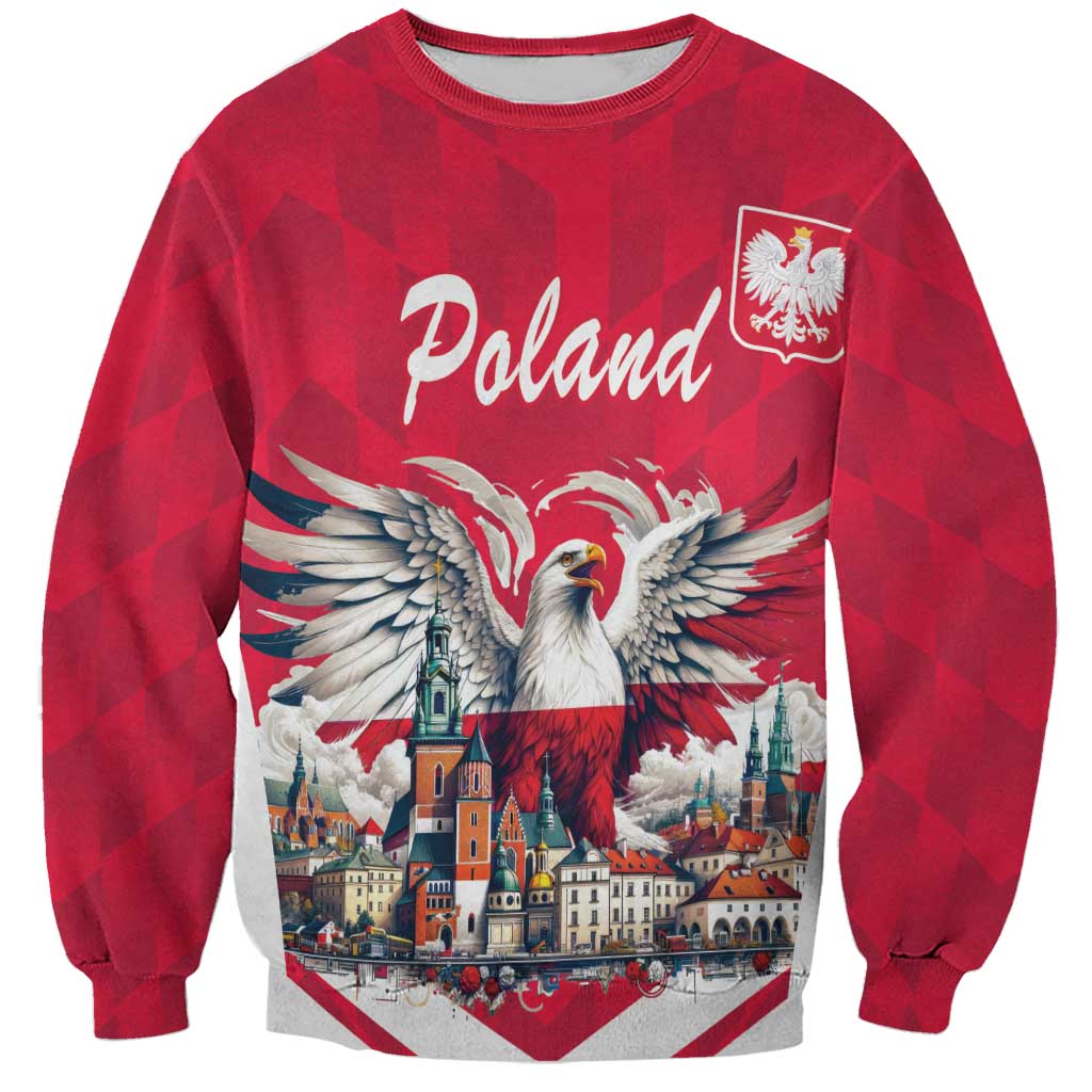 Red sweatshirt with Poland text and white-tailed eagle graphic, cityscape and crest