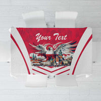 Personalized tablecloth with central eagle graphic on red panel and white chevron borders