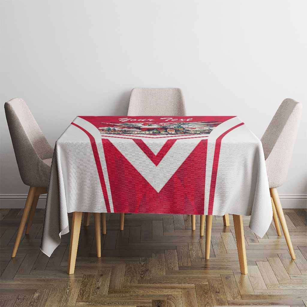 Personalized tablecloth with red V-shaped chevrons and top-center eagle graphic