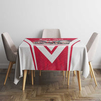 Personalized tablecloth with red V-shaped chevrons and top-center eagle graphic