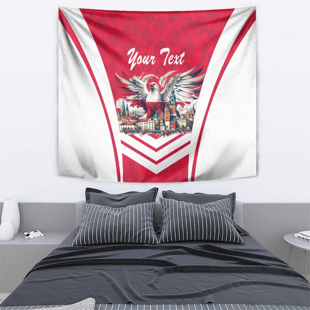 Red and white eagle tapestry flag with 'Your Text' and bold chevron stripes